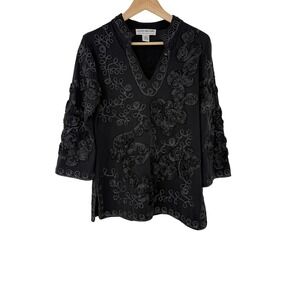 Lauren Michelle Embellished Rose Floral Beaded Black Tunic Top Medium